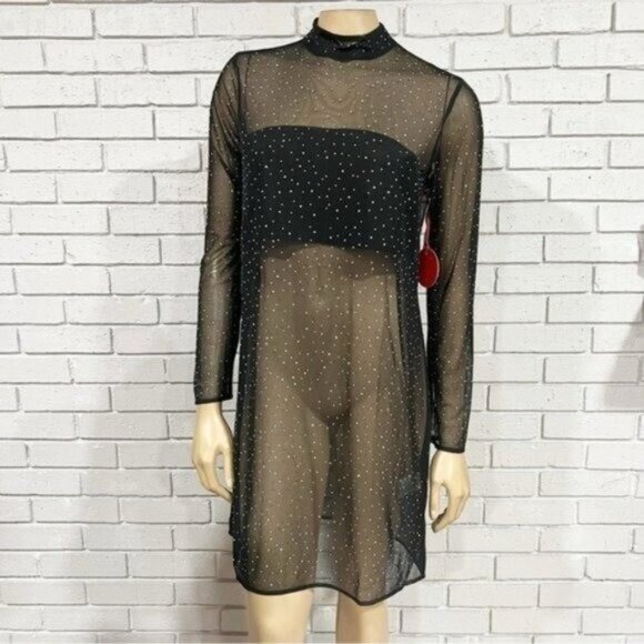 Eva Franco Long‑Sleeve Sheer Mesh Rhinestone Tunic Top, Size M — Statement Layer - Picture 6 of 16